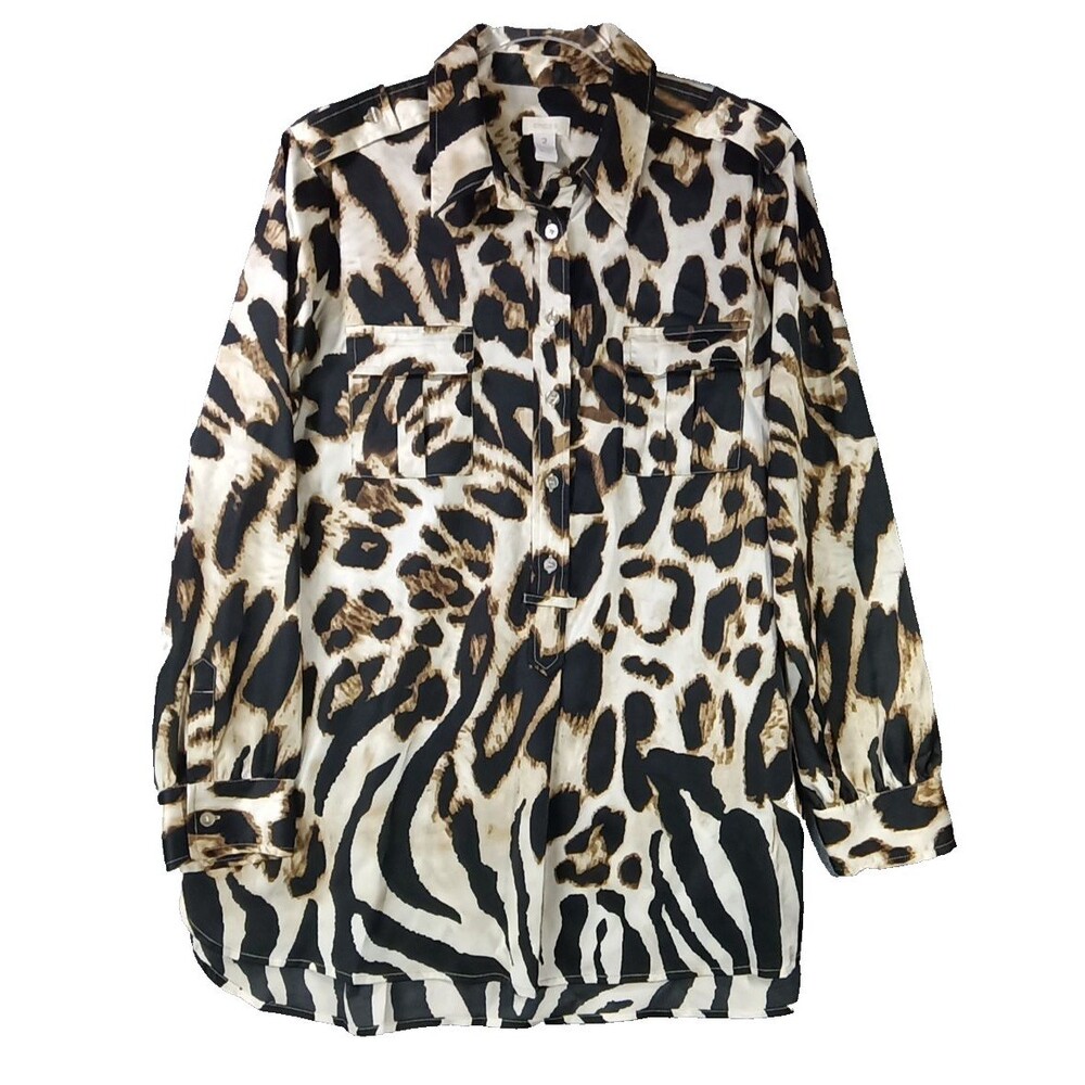 Chico's Women's Size 2  Button Down Shirt Blouse Cream Brown black